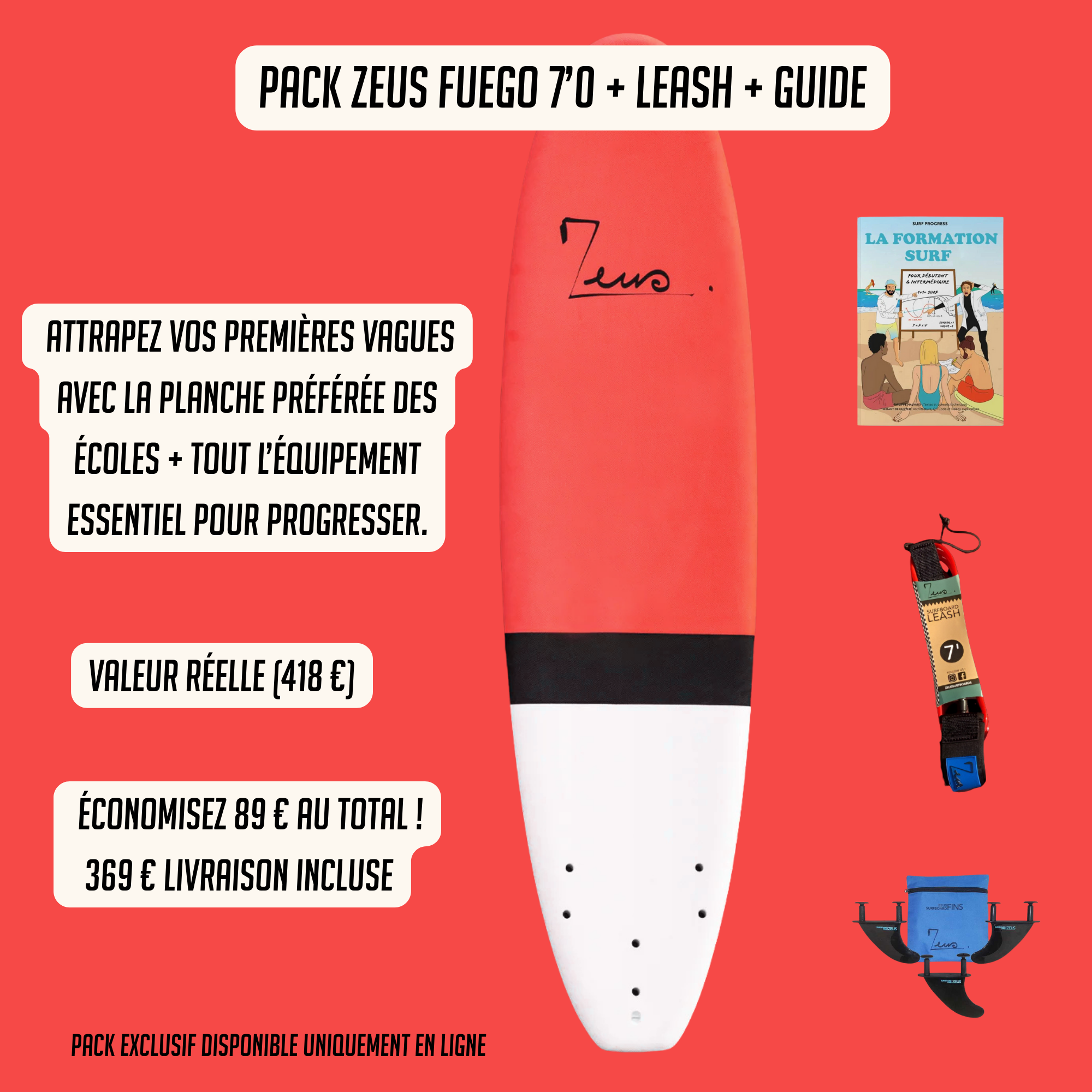 Pack Zeus Fuego – Votre planche + leash + guide surf n°1 en France