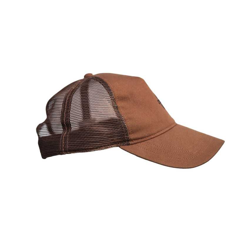 a brown hat with mesh on the front