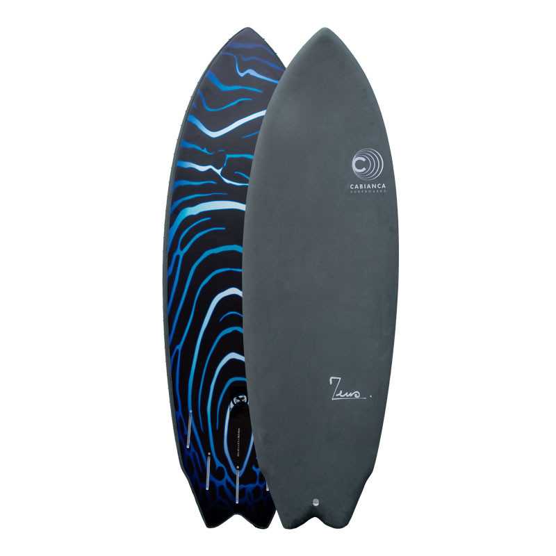 a surfboard with a blue and black design on it