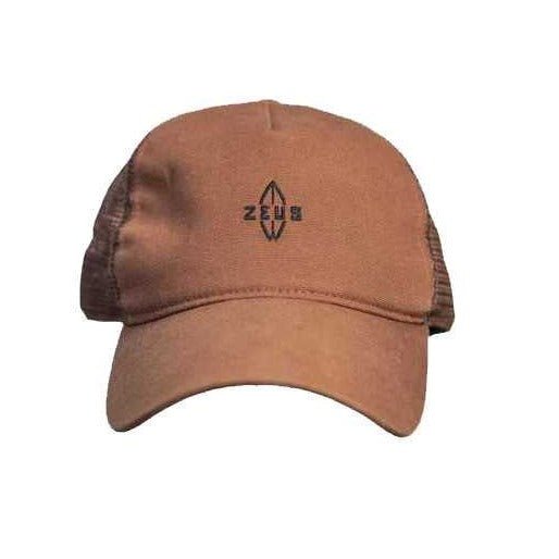 a brown hat with a black logo on it
