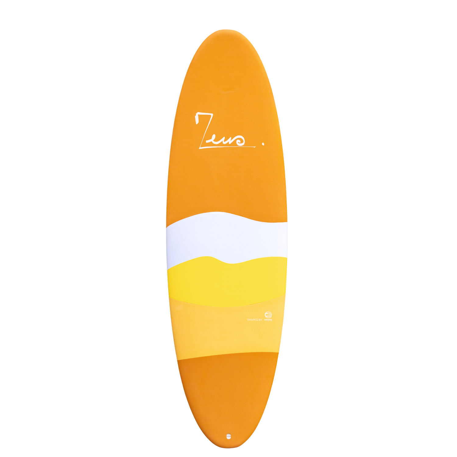 a surfboard with a yellow and white stripe on it