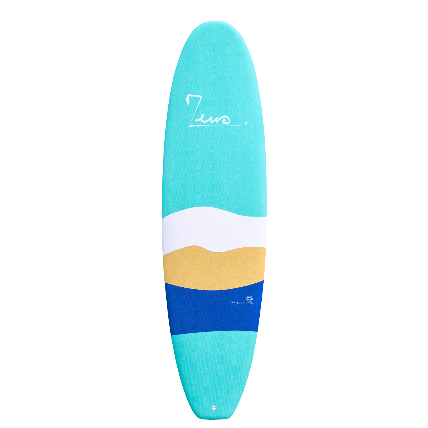 a blue surfboard with a yellow and white stripe