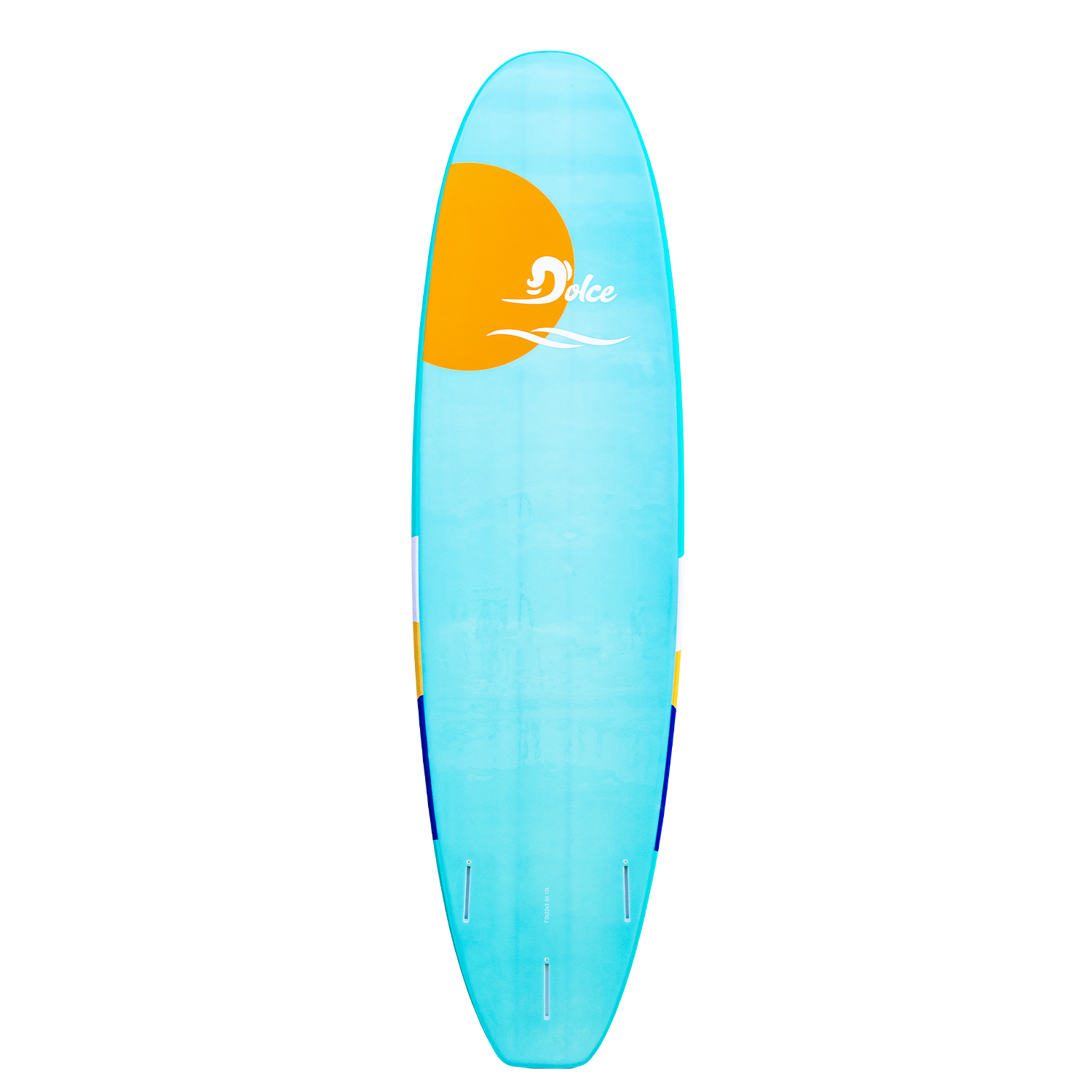 a blue surfboard with an orange and white logo