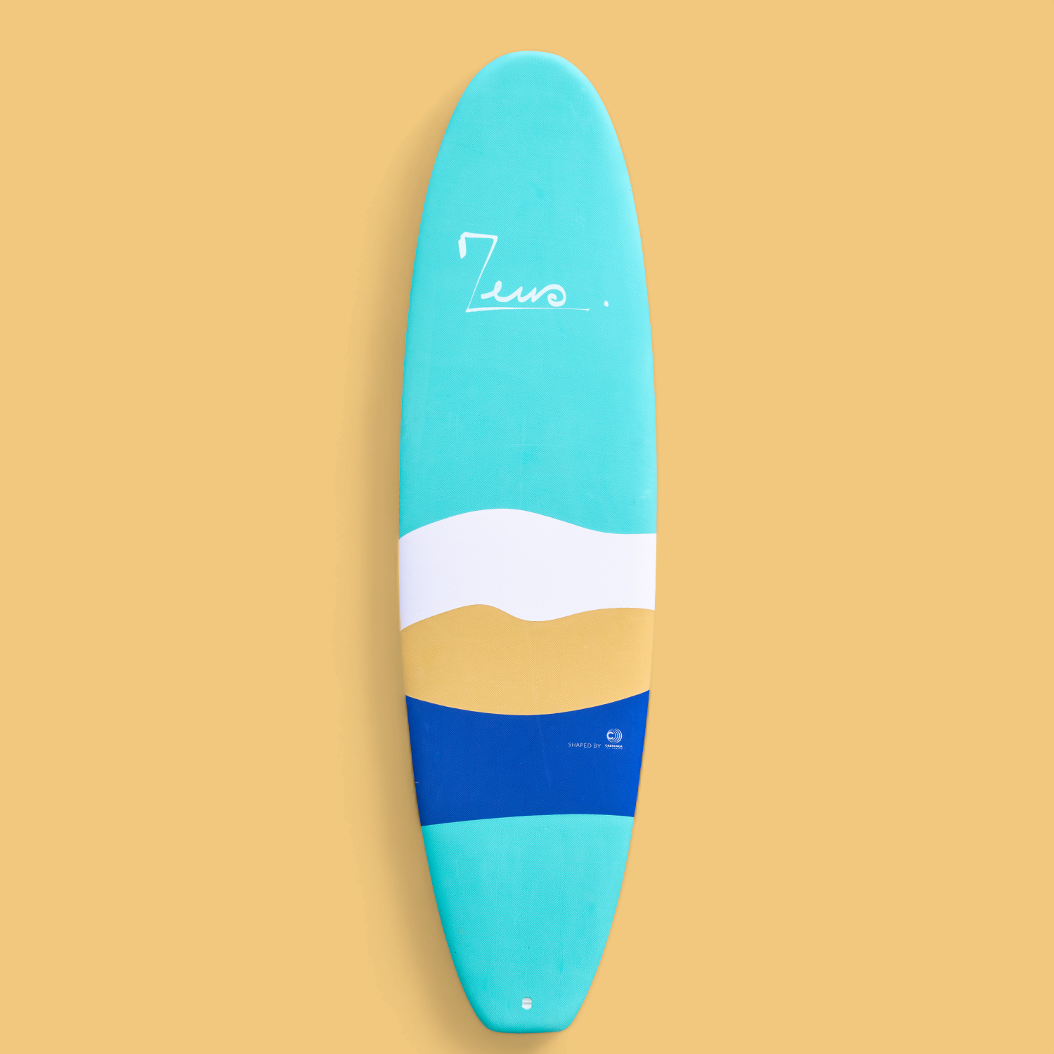 a blue surfboard on a yellow background