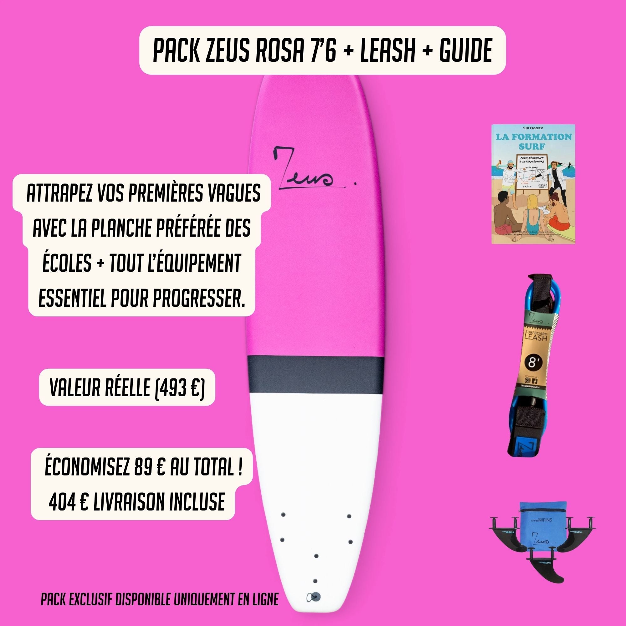 Pack Zeus Rosa – Votre planche + leash + guide surf n°1 en France Zeus Surf