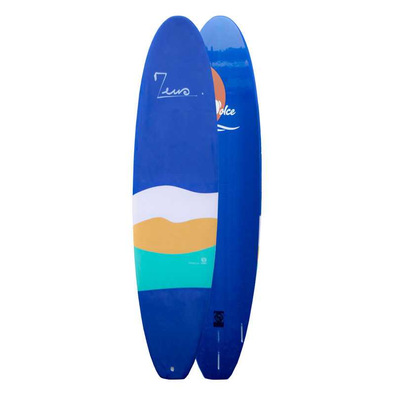 a blue surfboard with a picture of the ocean on it