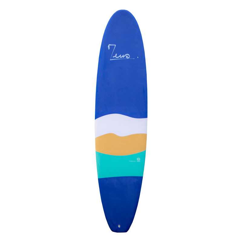 a blue surfboard with a yellow and white stripe