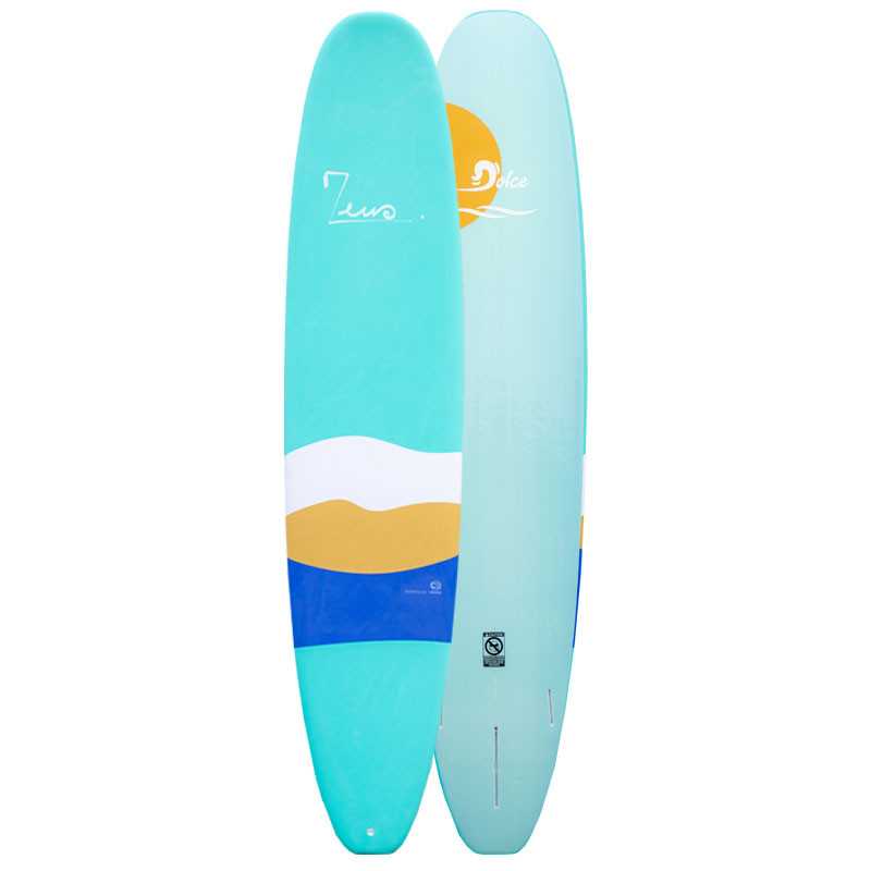 a blue surfboard with a yellow and white surfboard on top of it