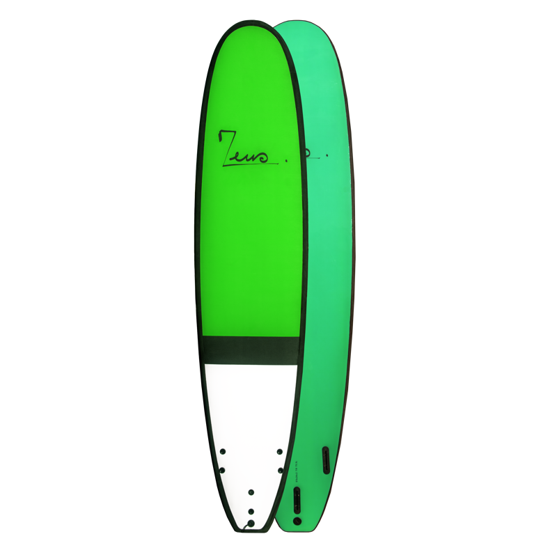 a green surfboard with a white bottom and black bottom