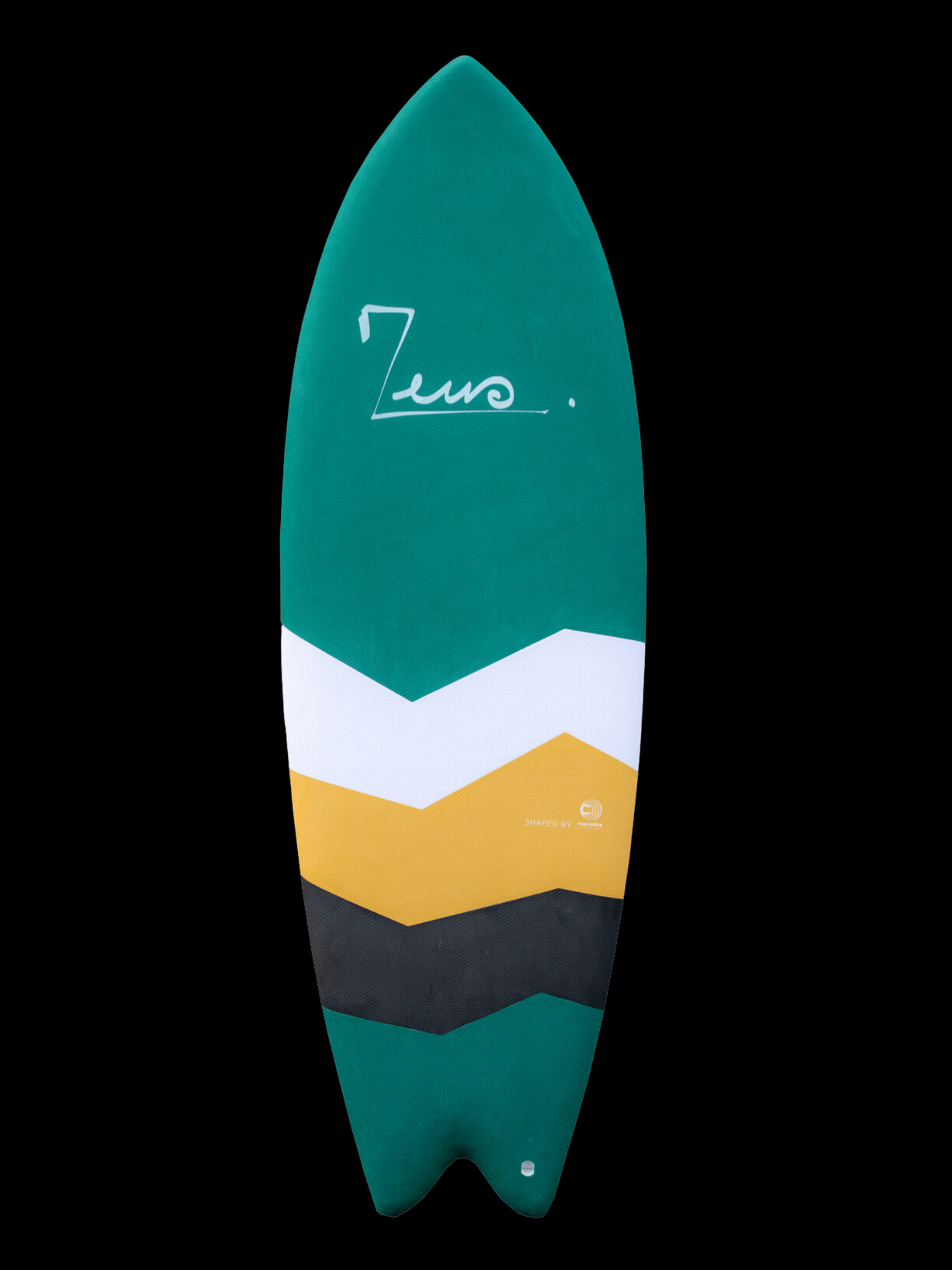 a surfboard with a green, yellow, and white design on it