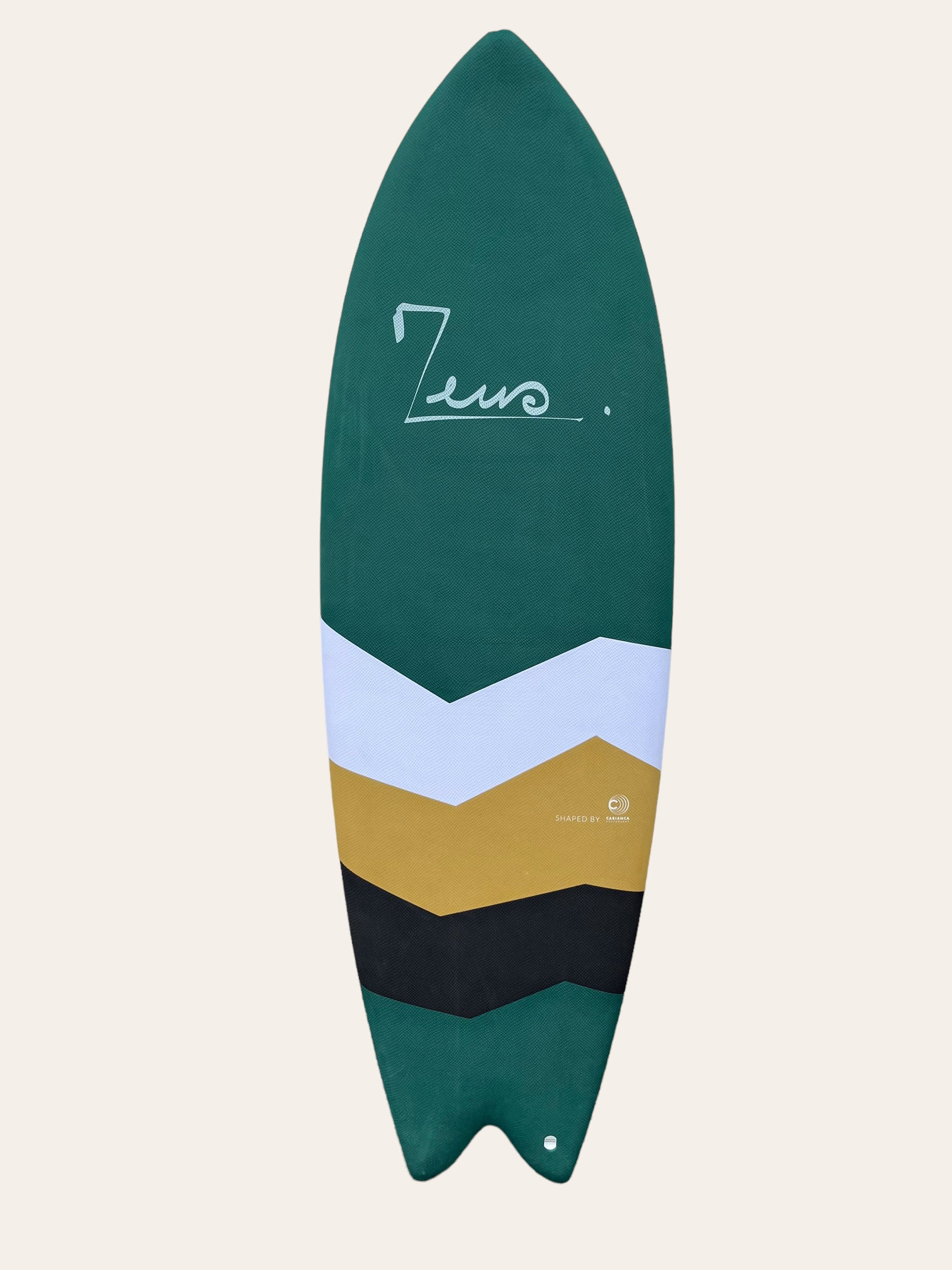 a green surfboard with the word zero on it