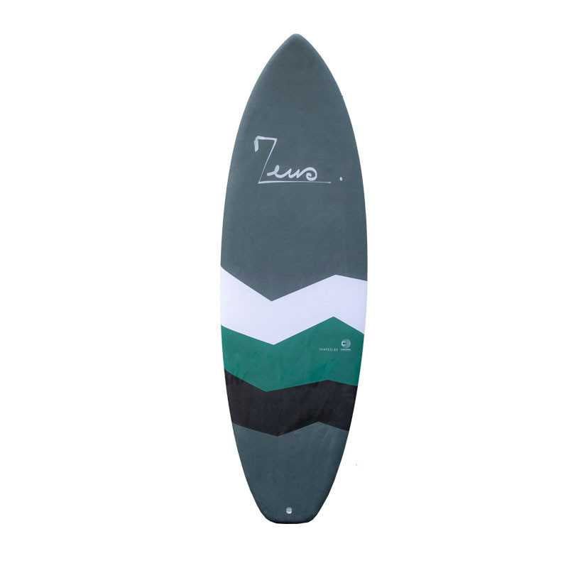 a surfboard with a green, white, and black design