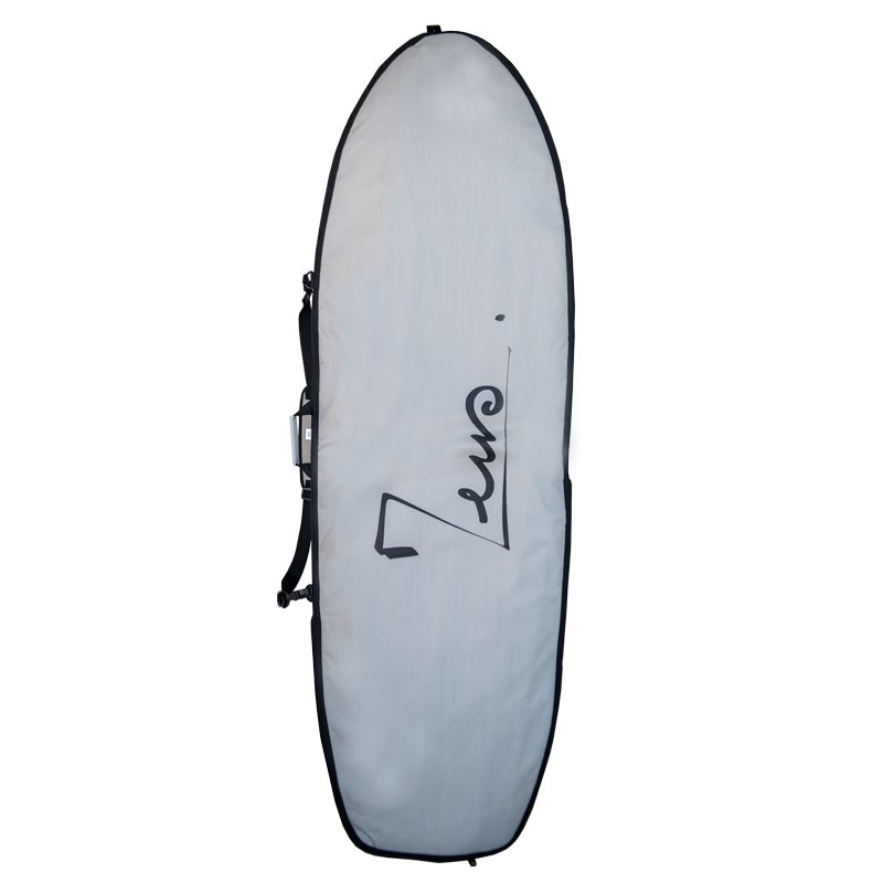 a surfboard with a black and white logo on it