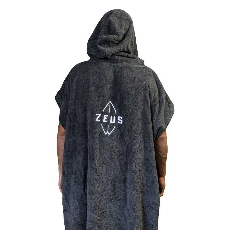 a man wearing a black robe with the word zeus printed on it